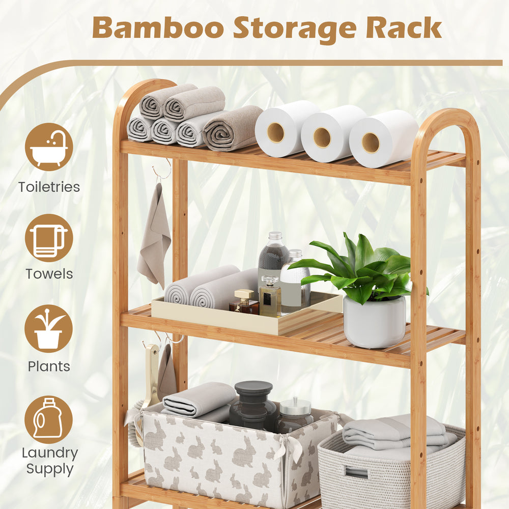 3-tier bamboo bathroom organizer with adjustable shelves, hooks, and slatted design for towels and toiletries storage.