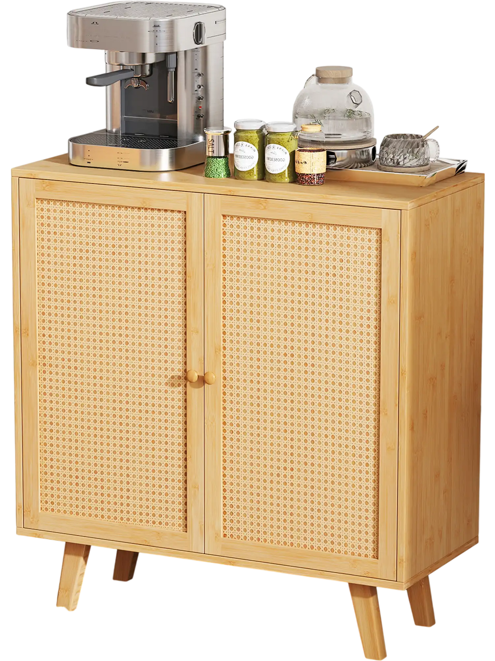 Bamboo buffet storage cabinet with PE rattan doors, featuring a spacious top for kitchen supplies and stylish design.