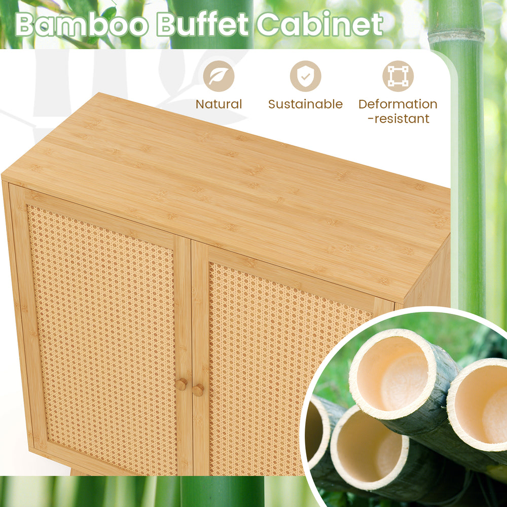 Bamboo buffet cabinet with PE rattan doors, featuring a natural finish and sturdy design for kitchen organization.