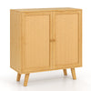 Bamboo buffet storage cabinet with PE rattan doors, double doors, and raised legs for kitchen organization.