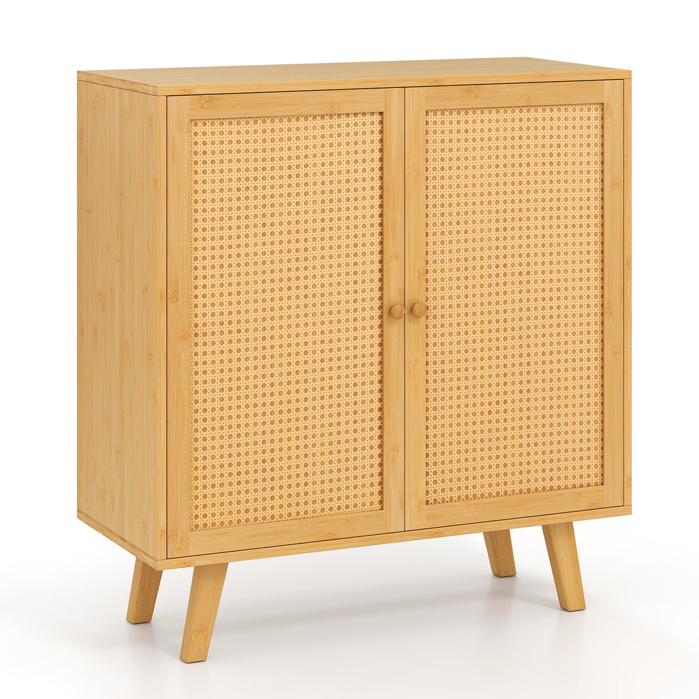 Bamboo buffet storage cabinet with PE rattan doors, double doors, and raised legs for kitchen organization.