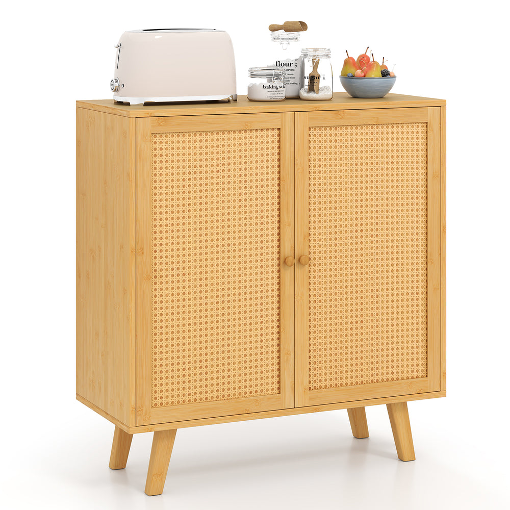 Bamboo buffet storage cabinet with PE rattan doors, double doors for kitchen organization, and a chic boho-inspired.