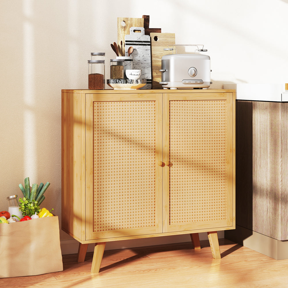 Bamboo buffet storage cabinet with PE rattan doors, double doors for organizing kitchen supplies, and stylish design.