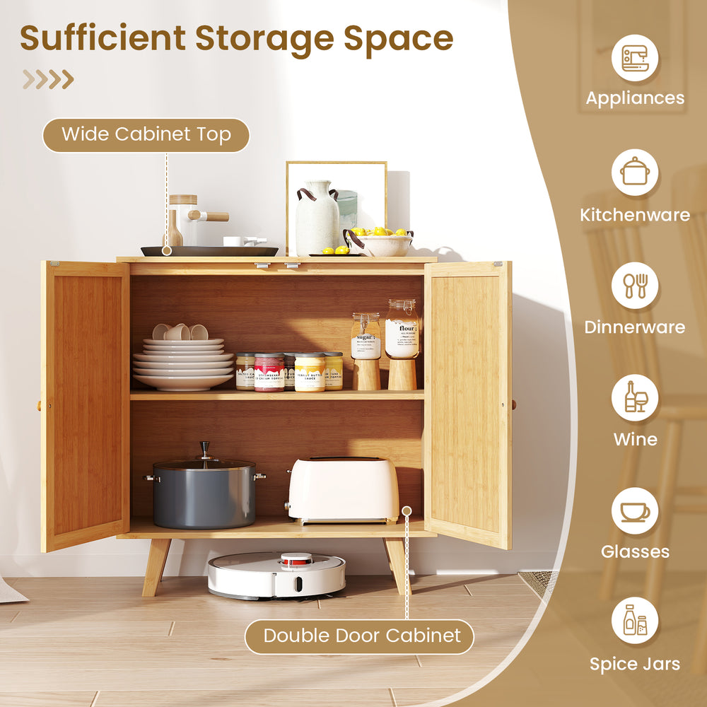 Bamboo buffet storage cabinet with PE rattan doors, double door design for organizing kitchenware and dinnerware.