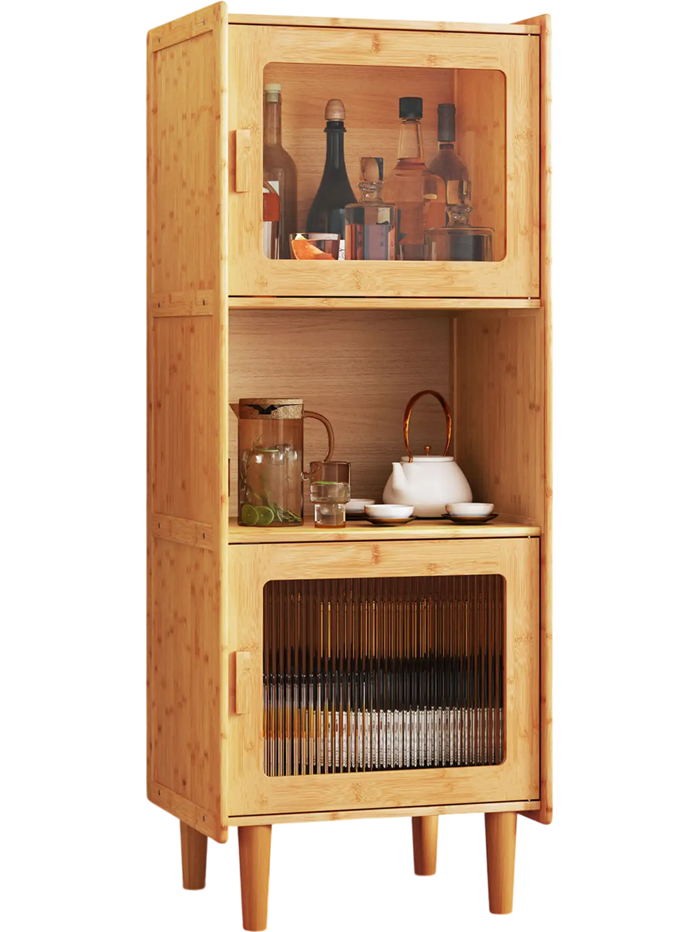 Bamboo storage cabinet with open compartment and acrylic doors, ideal for kitchen or living room organization.