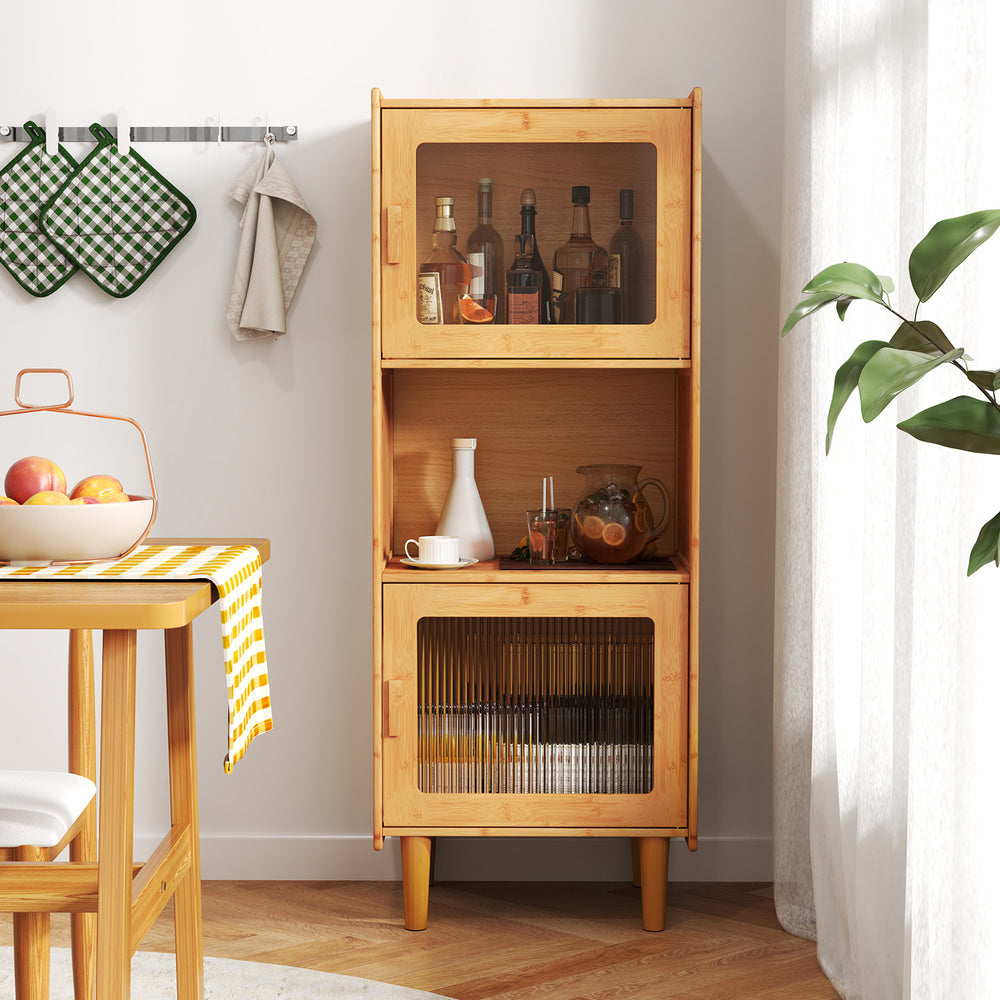 Bamboo storage cabinet with two acrylic doors and open compartment, ideal for kitchen or living room organization.