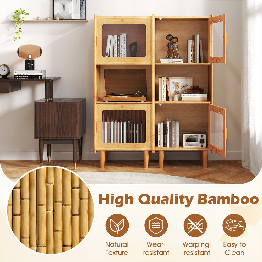 3-cube bamboo storage cabinet with acrylic doors, featuring a natural finish and open compartment for versatile.