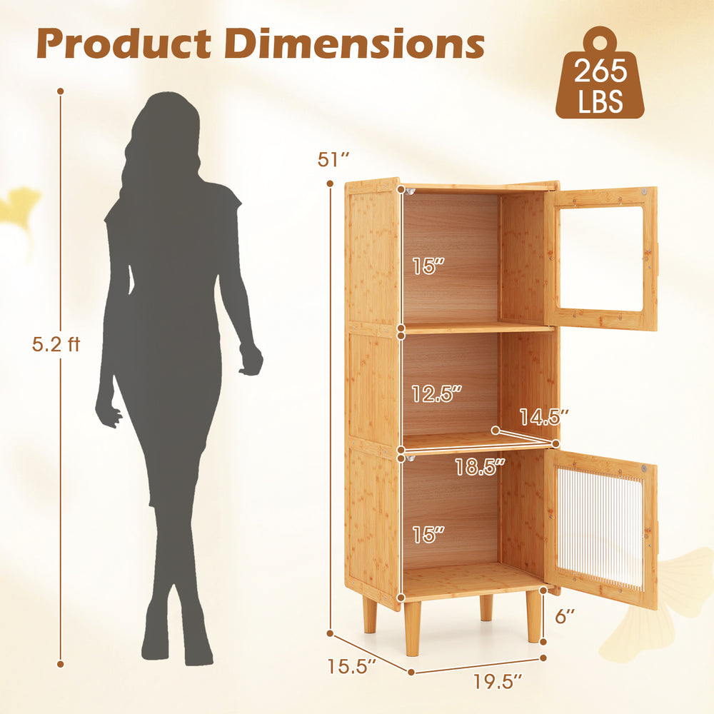 3-cube bamboo storage cabinet with acrylic doors, featuring open compartment and dimensions for versatile home use.