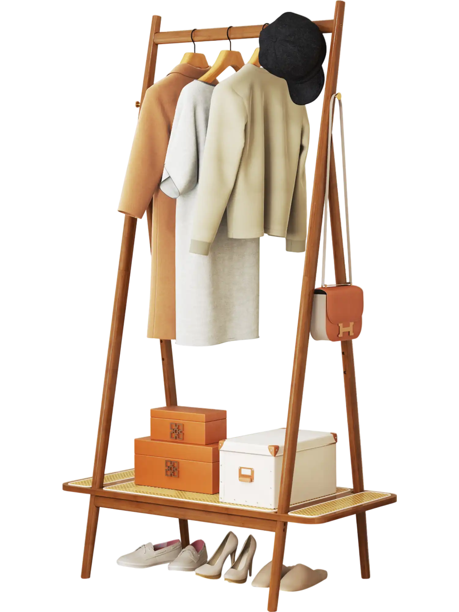 Costway Bamboo Clothes Rack Hall Tree w/ Hanging Rod Rattan Shelf Copper Hooks Brown 179426835 New
