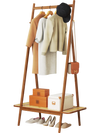 Bamboo clothes rack with hanging rod, rattan shelf, and copper hooks for organized entryway or bedroom storage.