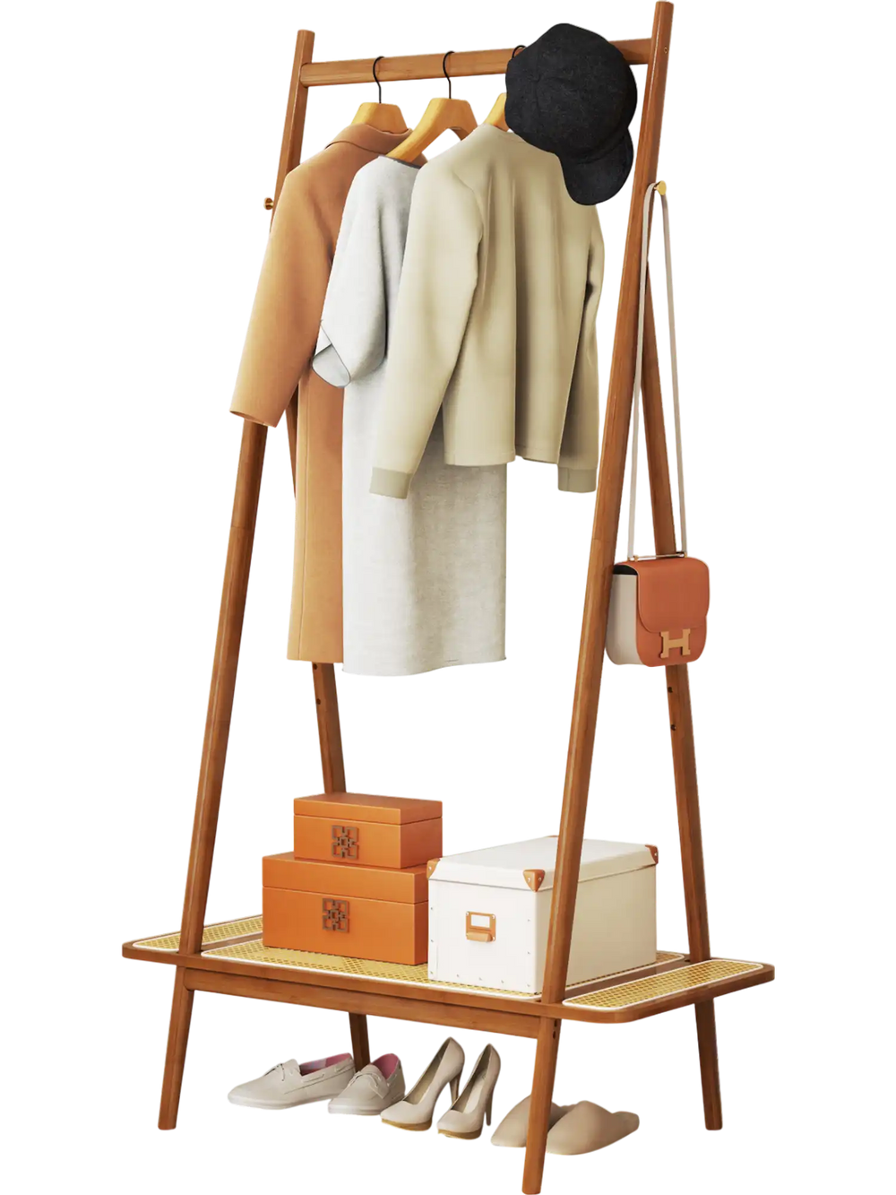 Bamboo clothes rack with hanging rod, rattan shelf, and copper hooks for organized entryway or bedroom storage.