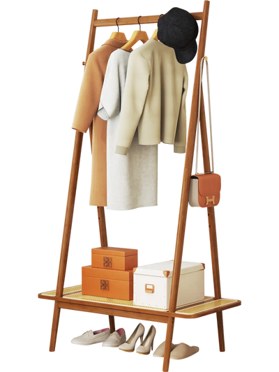 Costway Bamboo Clothes Rack Hall Tree w/ Hanging Rod Rattan Shelf Copper Hooks Brown 179426835 New