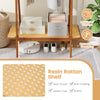Rustic resin rattan shelf on a bamboo clothes rack, offering tear-proof, anti-fading storage for shoes and accessories.