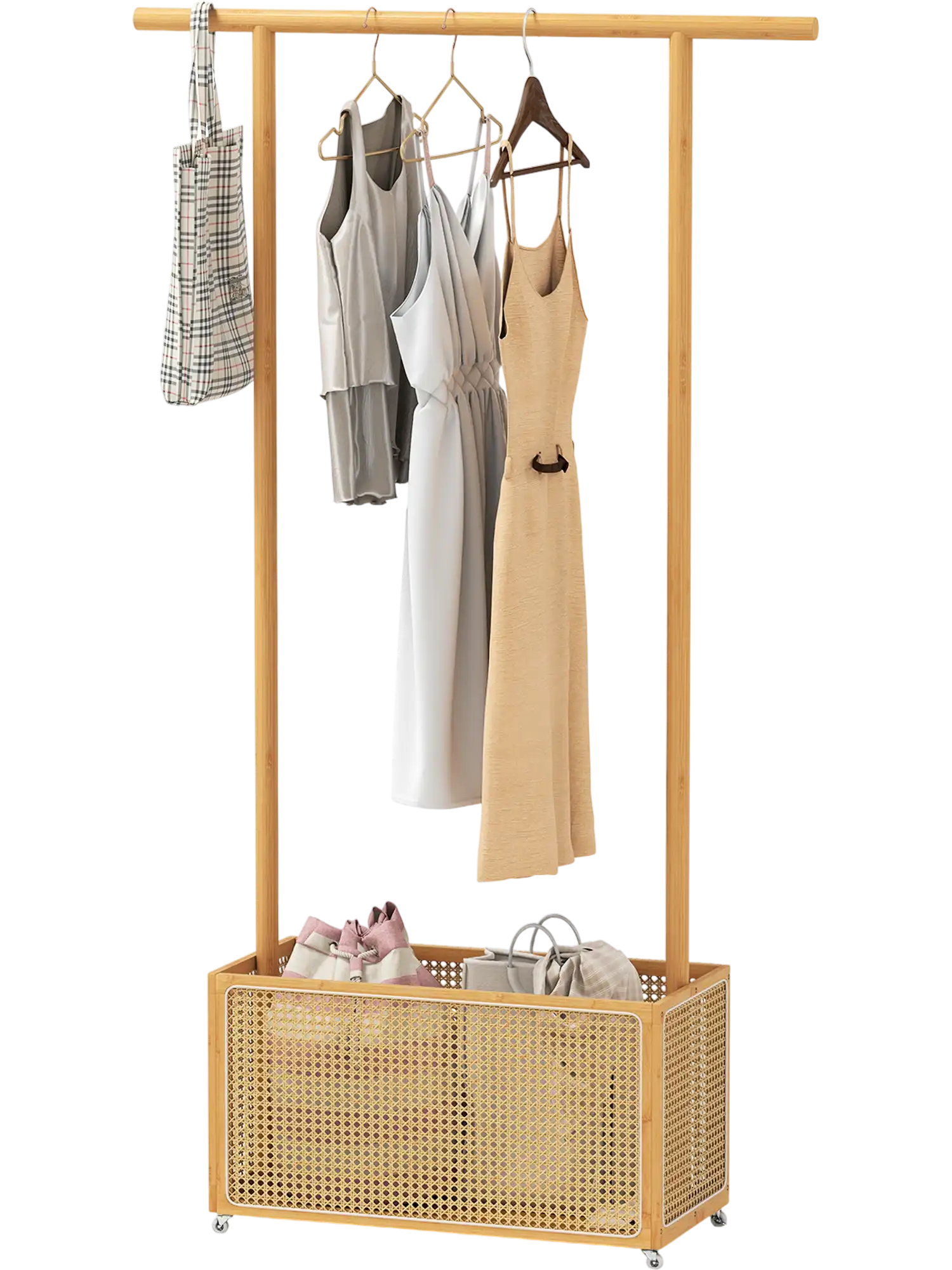 Costway Bamboo Clothes Rack w/ Rattan Storage Basket & Wheels 12284243 New