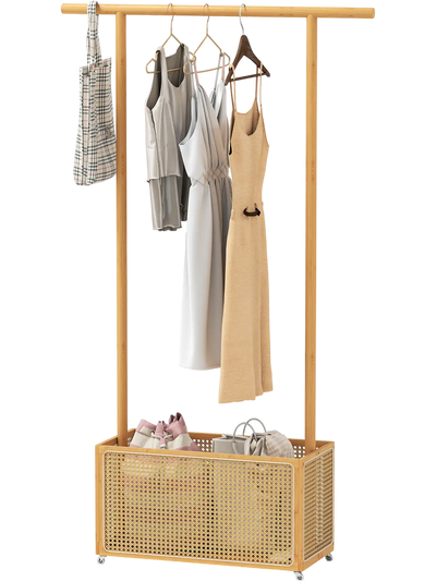 Costway Bamboo Clothes Rack Hall Tree w/ Rattan Storage Basket & Wheels 12284243 New