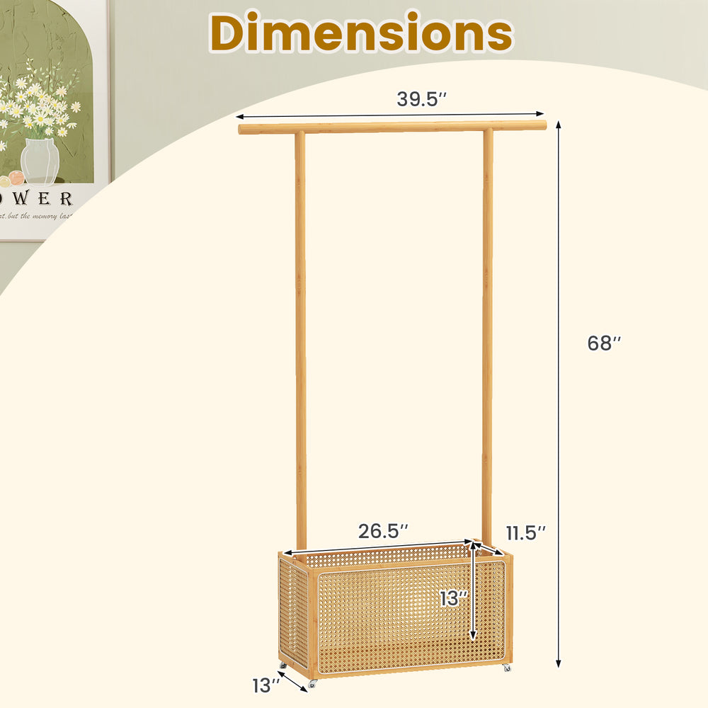 Bamboo clothes rack with rattan storage basket, dimensions 39.5" x 68", designed for versatile home organization.