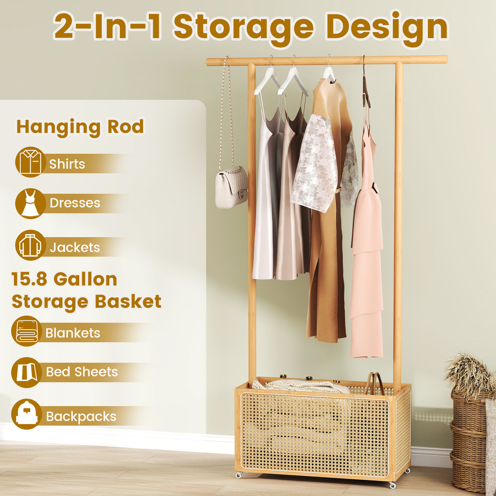 Bamboo clothes rack with hanging rod and 15.8-gallon rattan storage basket on wheels for versatile organization.