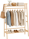 Bamboo clothing garment rack with hanging rod, side hooks, and storage shelves, perfect for organizing your living space.