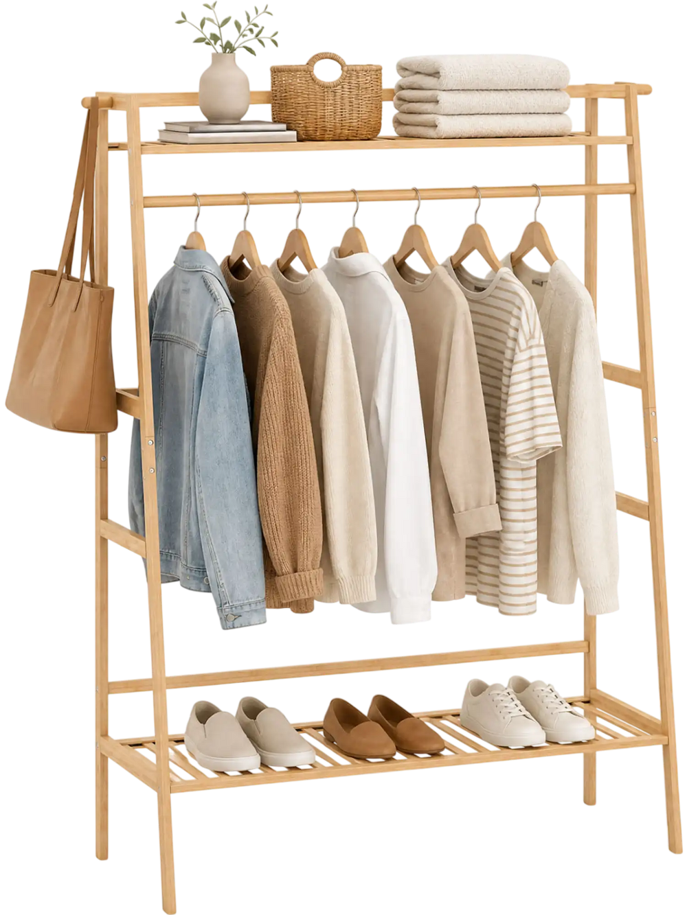 Bamboo clothing garment rack with hanging rod, side hooks, and storage shelves, perfect for organizing your living space.