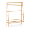 Natural bamboo clothing garment rack featuring two shelves, side hooks, and a hanging rod for versatile storage solutions.