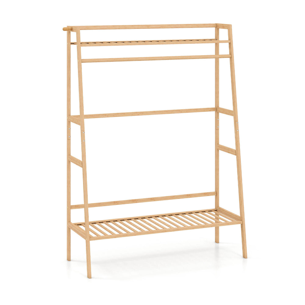 Natural bamboo clothing garment rack featuring two shelves, side hooks, and a hanging rod for versatile storage solutions.