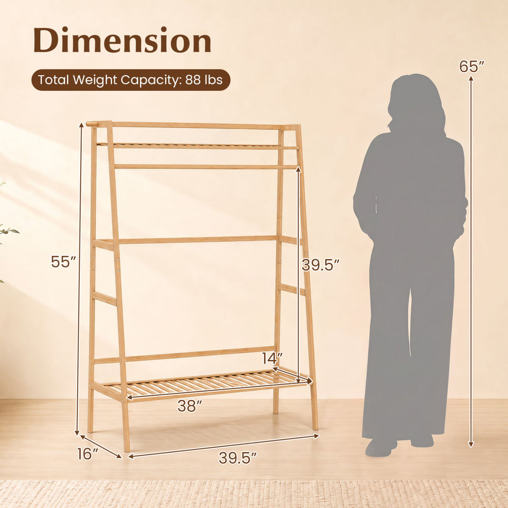 Bamboo clothing garment rack with two shelves, side hooks, and a hanging rod, ideal for organizing garments in any room.