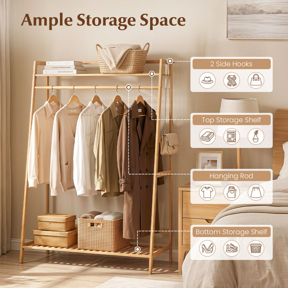 Bamboo clothing garment rack featuring a hanging rod, two side hooks, and two storage shelves for versatile organization.