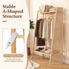Bamboo clothing garment rack features a stable A-shaped structure with shelves, hooks, and an anti-toppling device for added safety.