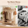 Bamboo clothing garment rack with two shelves and hooks, ideal for organizing coats and shoes in your entryway or bedroom.