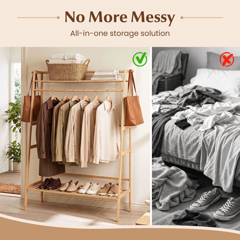 Bamboo clothing garment rack with two shelves and hooks, ideal for organizing coats and shoes in your entryway or bedroom.