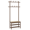 Bamboo coat rack with PE rattan surface features 11 hooks, a bench, and shoe storage for organized entryways.