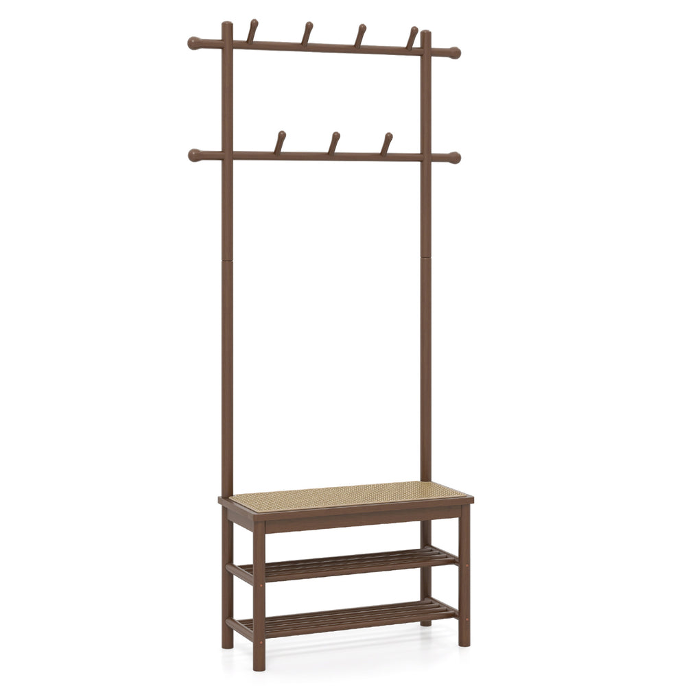 Bamboo coat rack with PE rattan surface features 11 hooks, a bench, and shoe storage for organized entryways.