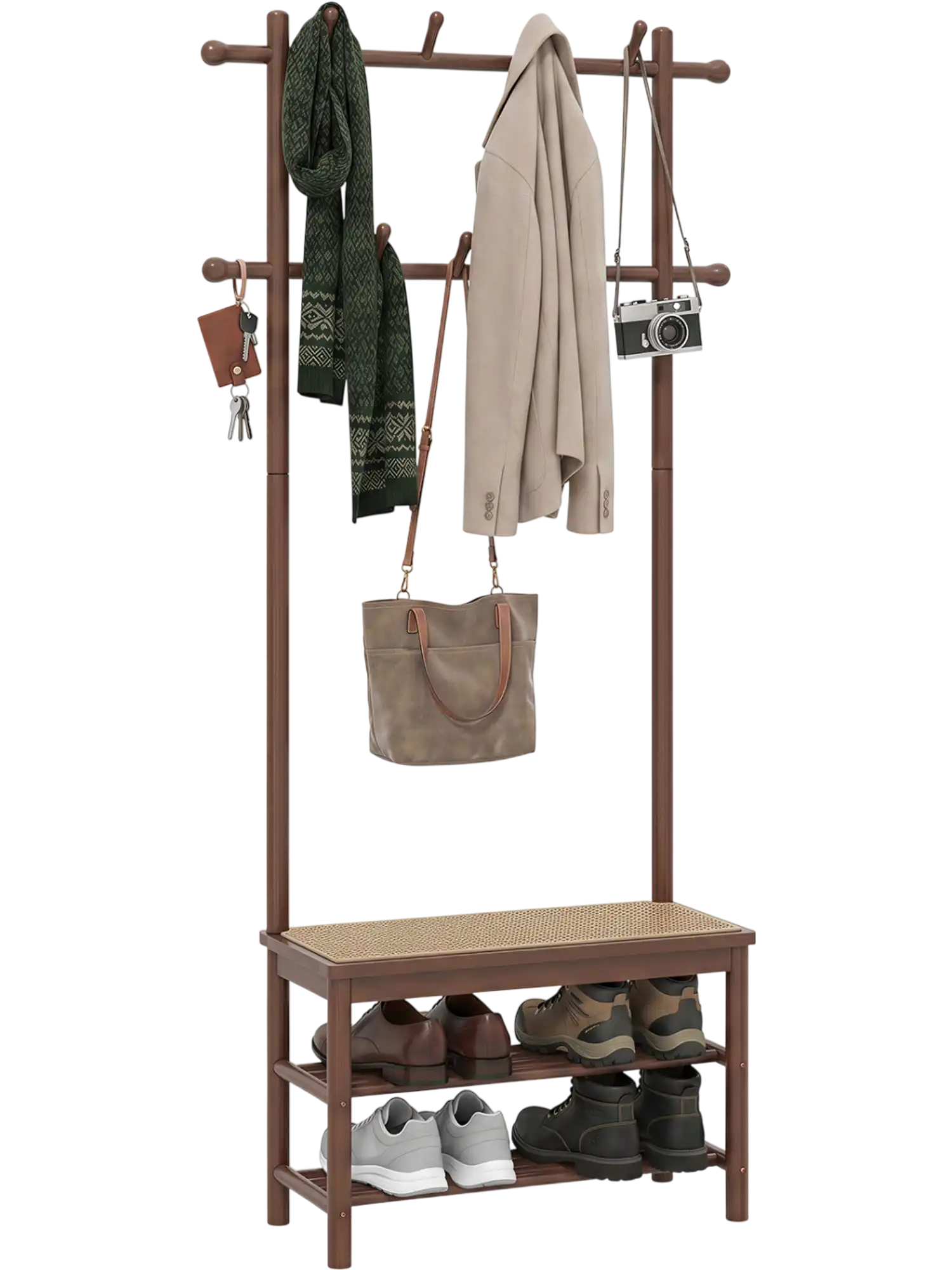 Costway Bamboo PE Rattan Hall Tree Coat Rack Bench Shoe Storage 21047469 New