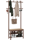 Bamboo coat rack with PE rattan surface, featuring 11 hooks, shoe storage, and a bench for entryway organization.