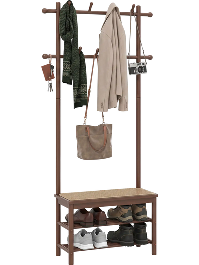 Costway Bamboo PE Rattan Hall Tree Coat Rack Bench Shoe Storage 21047469 New
