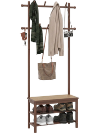 Bamboo coat rack with PE rattan surface, featuring 11 hooks, shoe storage, and a bench for entryway organization.