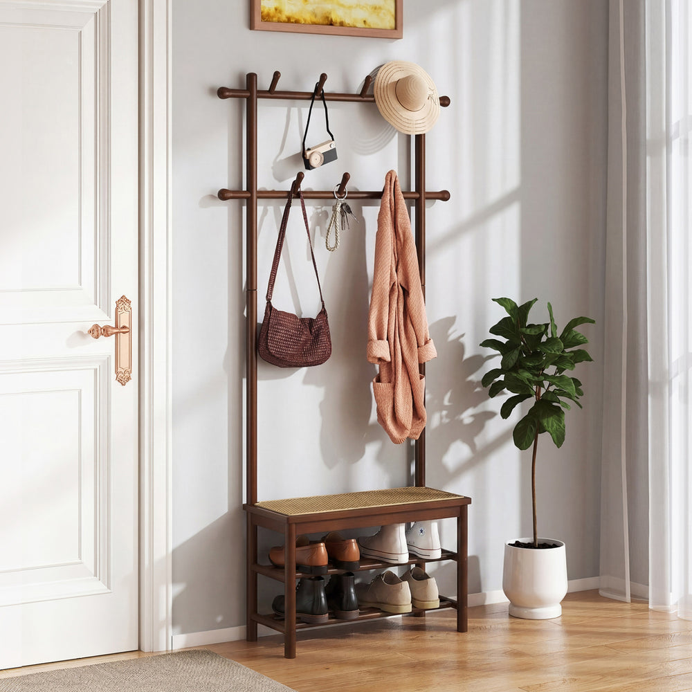 Bamboo Coat Rack PE Rattan Hall Tree with Bench and Shoe Storage 3-In-1 Entryway Bench-Brown - Gallery View 1 of 11