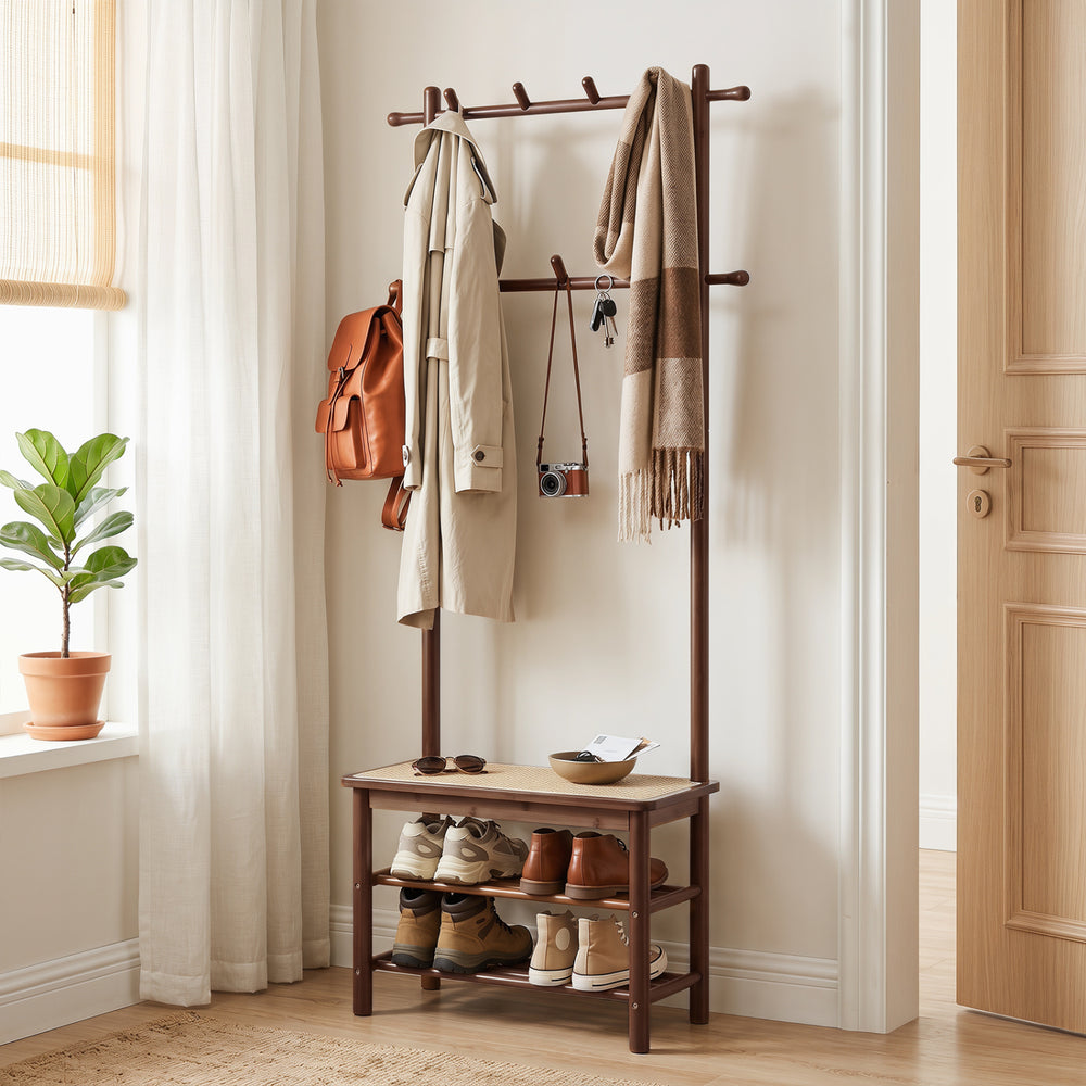 Bamboo coat rack with PE rattan surface features 11 hooks, shoe bench, and two shelves for organized entryway storage.