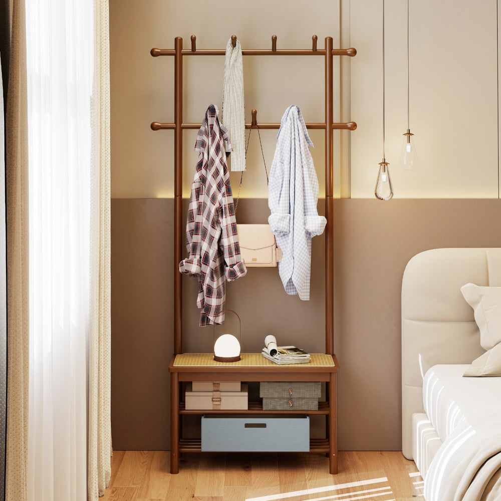 Bamboo coat rack with PE rattan surface, featuring 11 hooks and shoe storage, ideal for entryway organization.