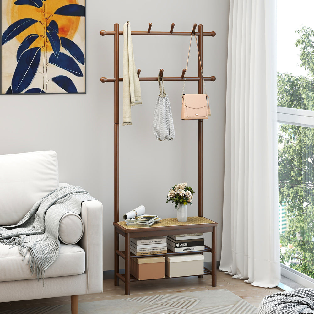 Bamboo coat rack with PE rattan surface, 11 hooks, and shoe storage bench for organized entryway convenience.