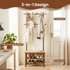 Bamboo coat rack with PE rattan surface features a shoe changing bench and ample shoe storage for entryway organization.