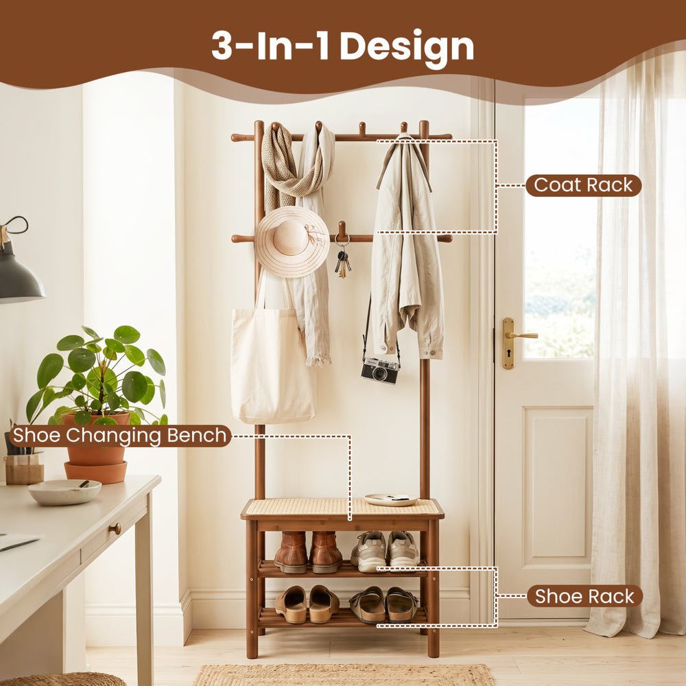 Bamboo coat rack with PE rattan surface features a shoe changing bench and ample shoe storage for entryway organization.