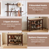 Bamboo coat rack with 11 hooks, 2 open shelves, and PE rattan surface for organized entryway storage in brown.