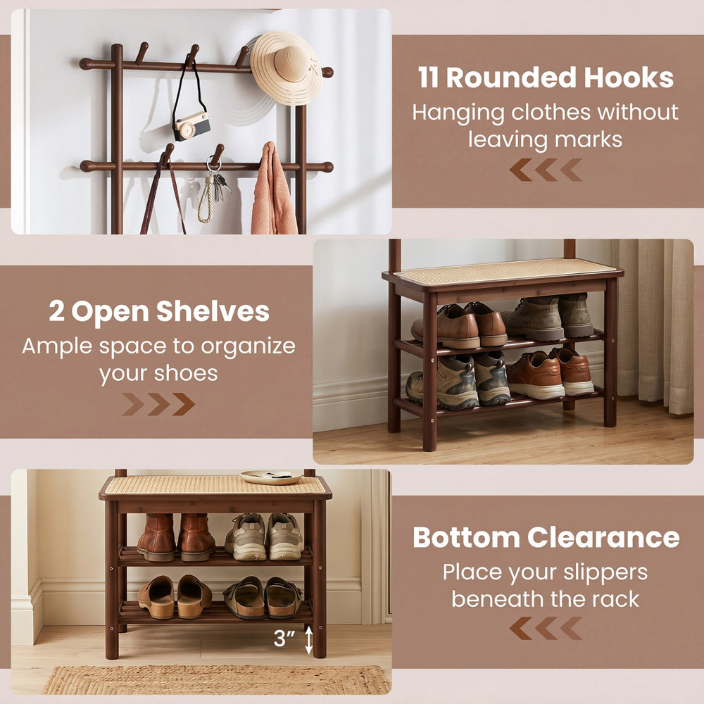 Bamboo coat rack with 11 hooks, 2 open shelves, and PE rattan surface for organized entryway storage in brown.