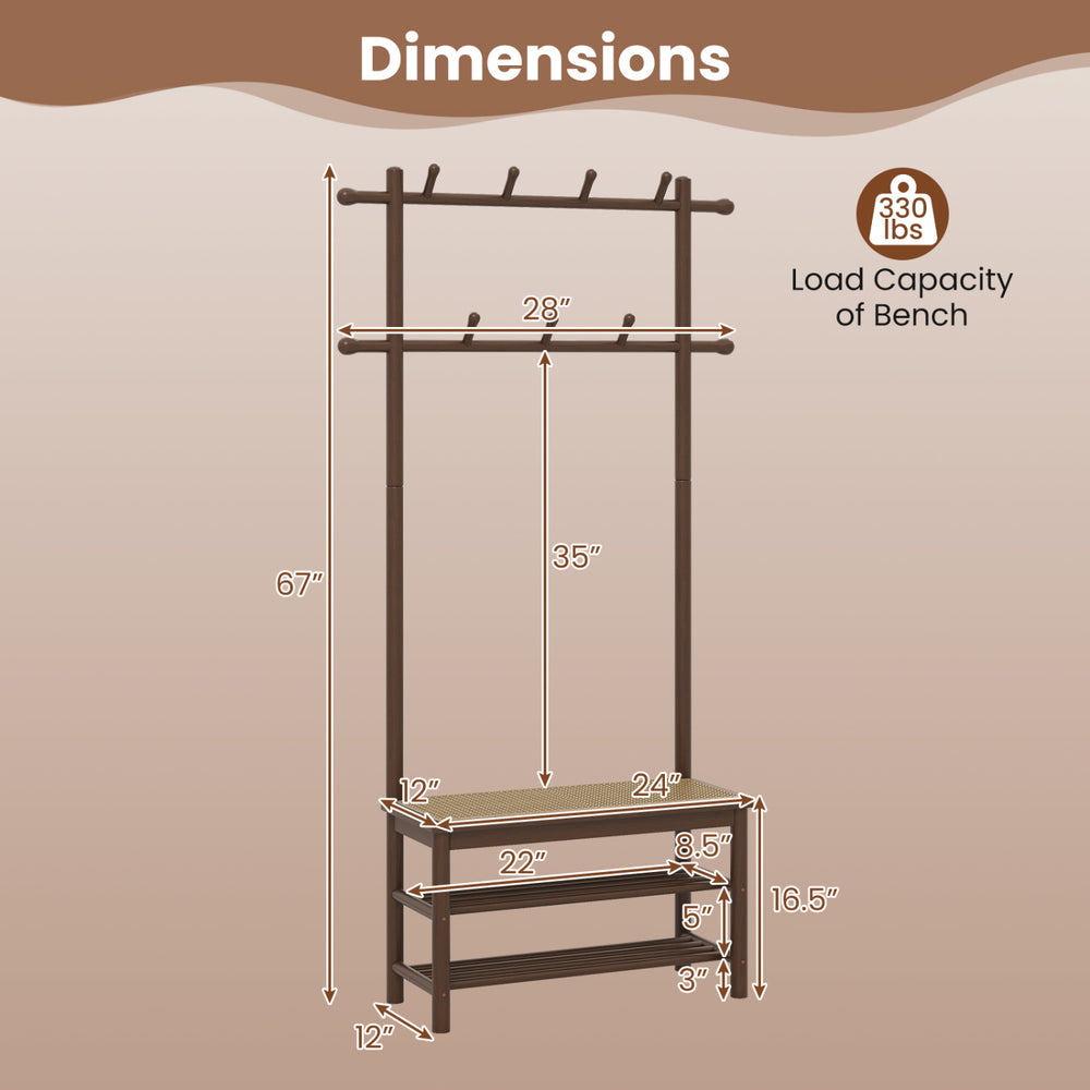 Bamboo coat rack with PE rattan surface, featuring 11 hooks and a shoe storage bench for organized entryway use.