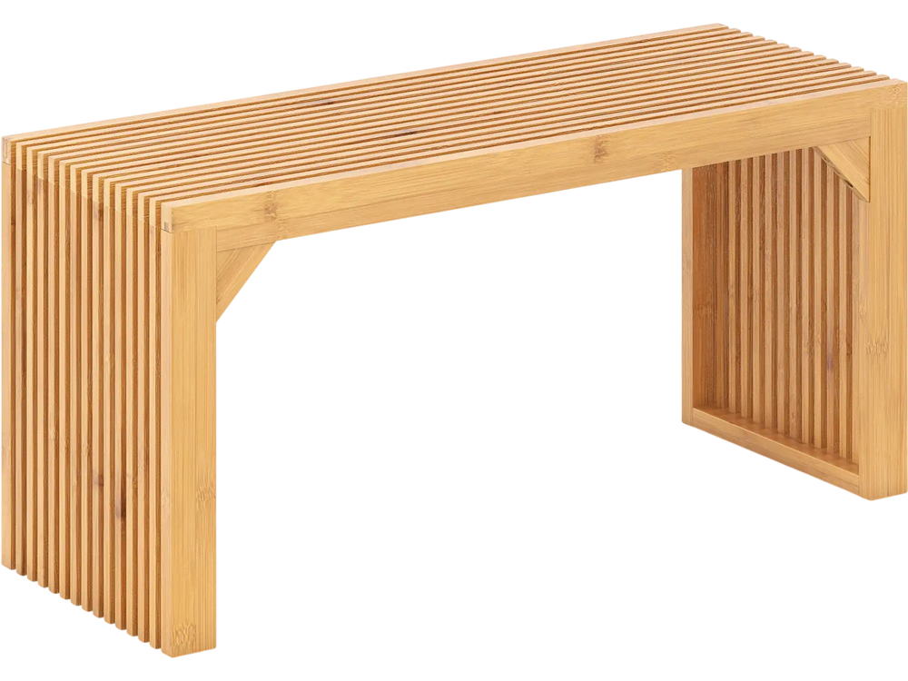 Bamboo dining bench with slatted design, 36" long, sturdy for 2 people, perfect for indoor or outdoor use.