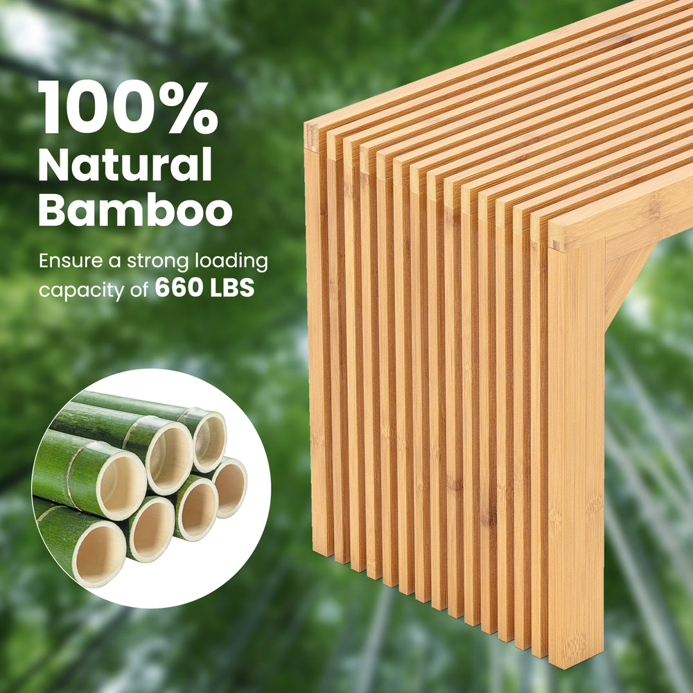 Natural bamboo dining bench showcasing slatted design, strong 660 lbs capacity, perfect for indoor or outdoor use.