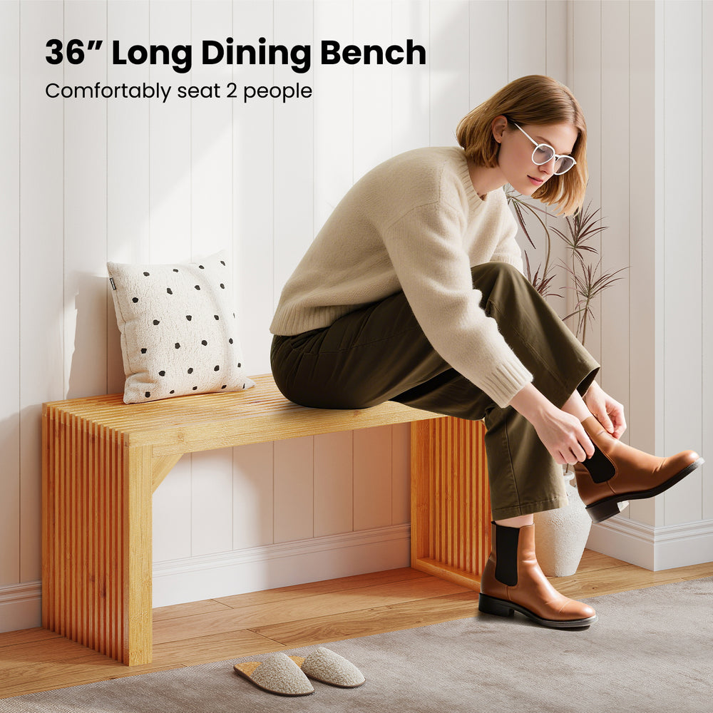 36" bamboo dining bench with slatted top, comfortably seats 2 people, perfect for entryways or dining areas.