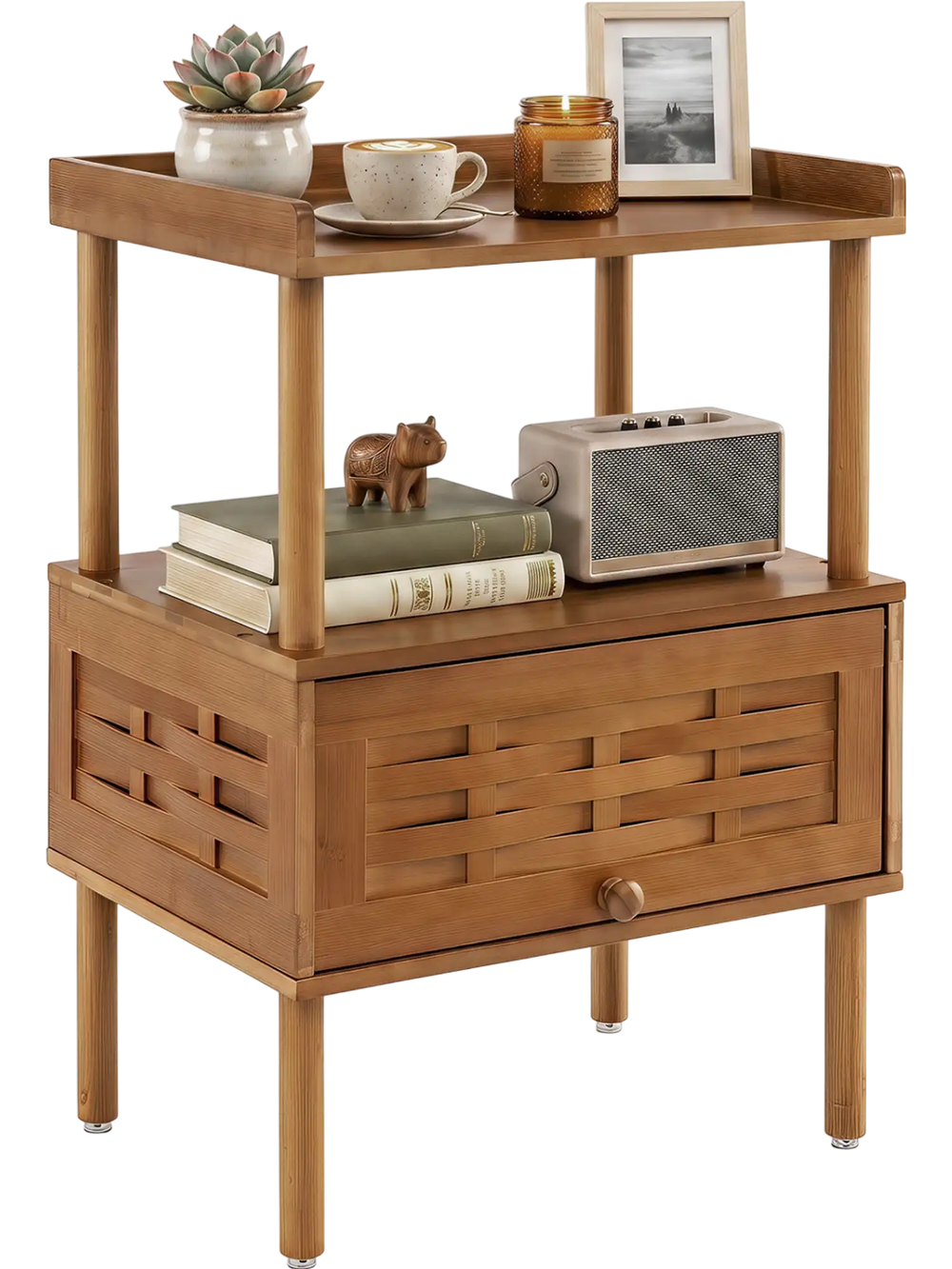Bamboo rattan nightstand in walnut with a flip-up door, open shelf, and anti-slipping foot pads for versatile storage.