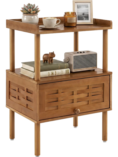 Costway Bamboo Rattan Nightstand Side Table Flip-Up Door Open Shelf 35863549 New